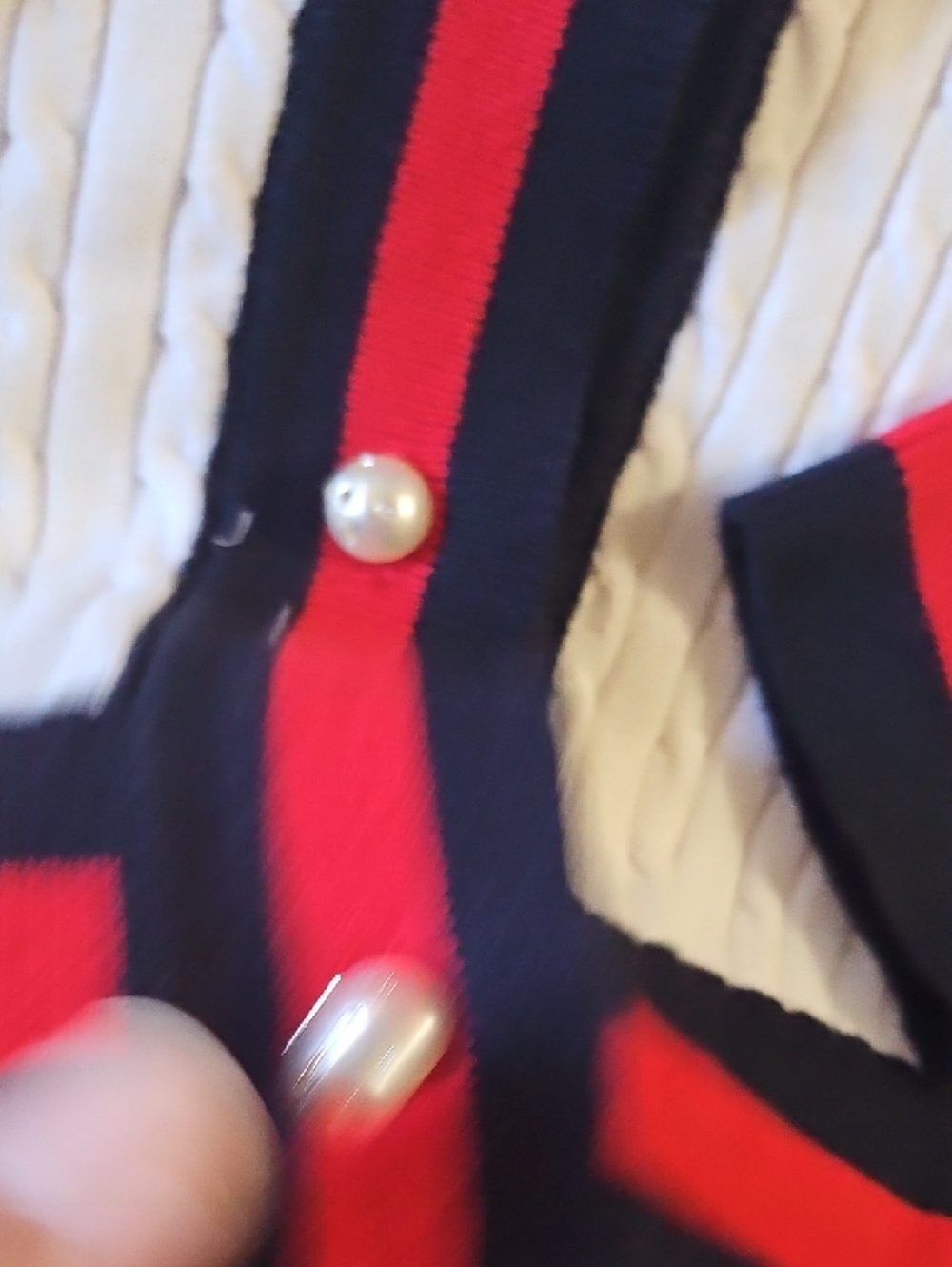 White Cable-Knit Cardigan with Navy & Red Trim - Picture 3 of 3